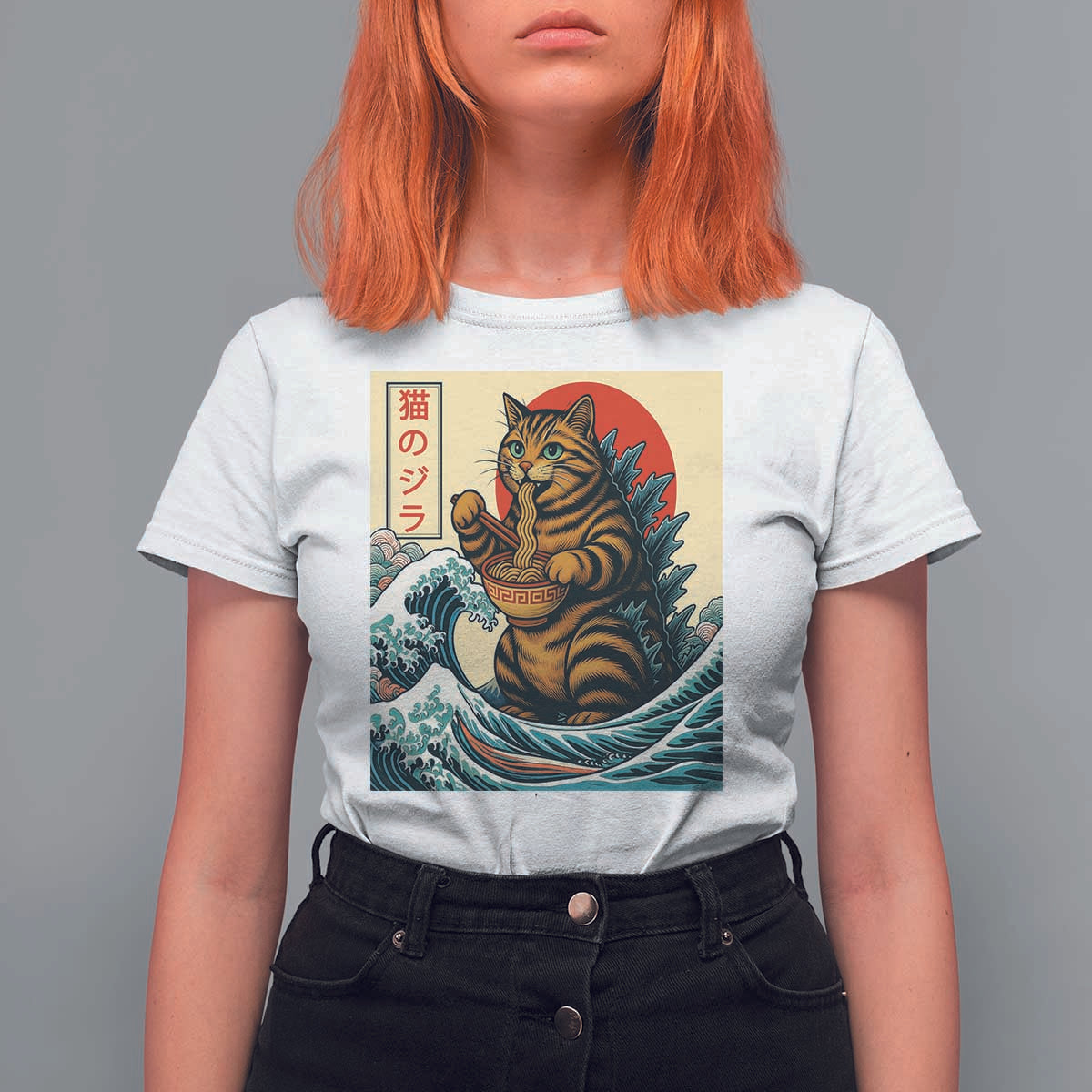 Catzilla T Shirt For Women Cute Cat Eating Ramen Japanese Sun Wave Art - Wonder Print Shop