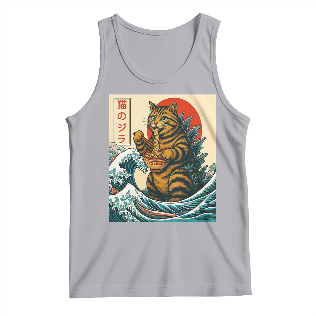 Catzilla Tank Top Cute Cat Eating Ramen Japanese Sun Wave Art - Wonder Print Shop