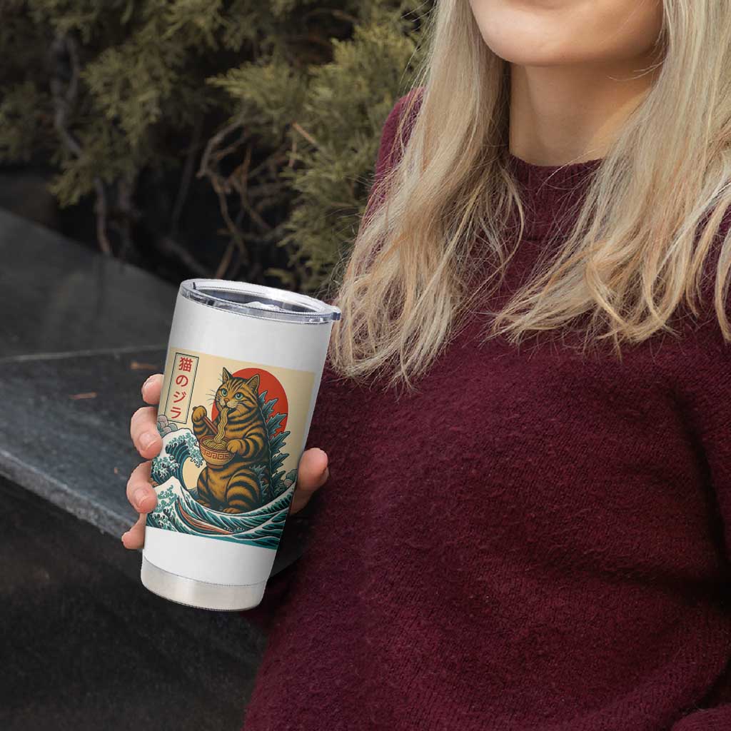 Catzilla Tumbler Cup Cute Cat Eating Ramen Japanese Sun Wave Art