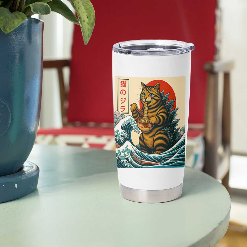 Catzilla Tumbler Cup Cute Cat Eating Ramen Japanese Sun Wave Art