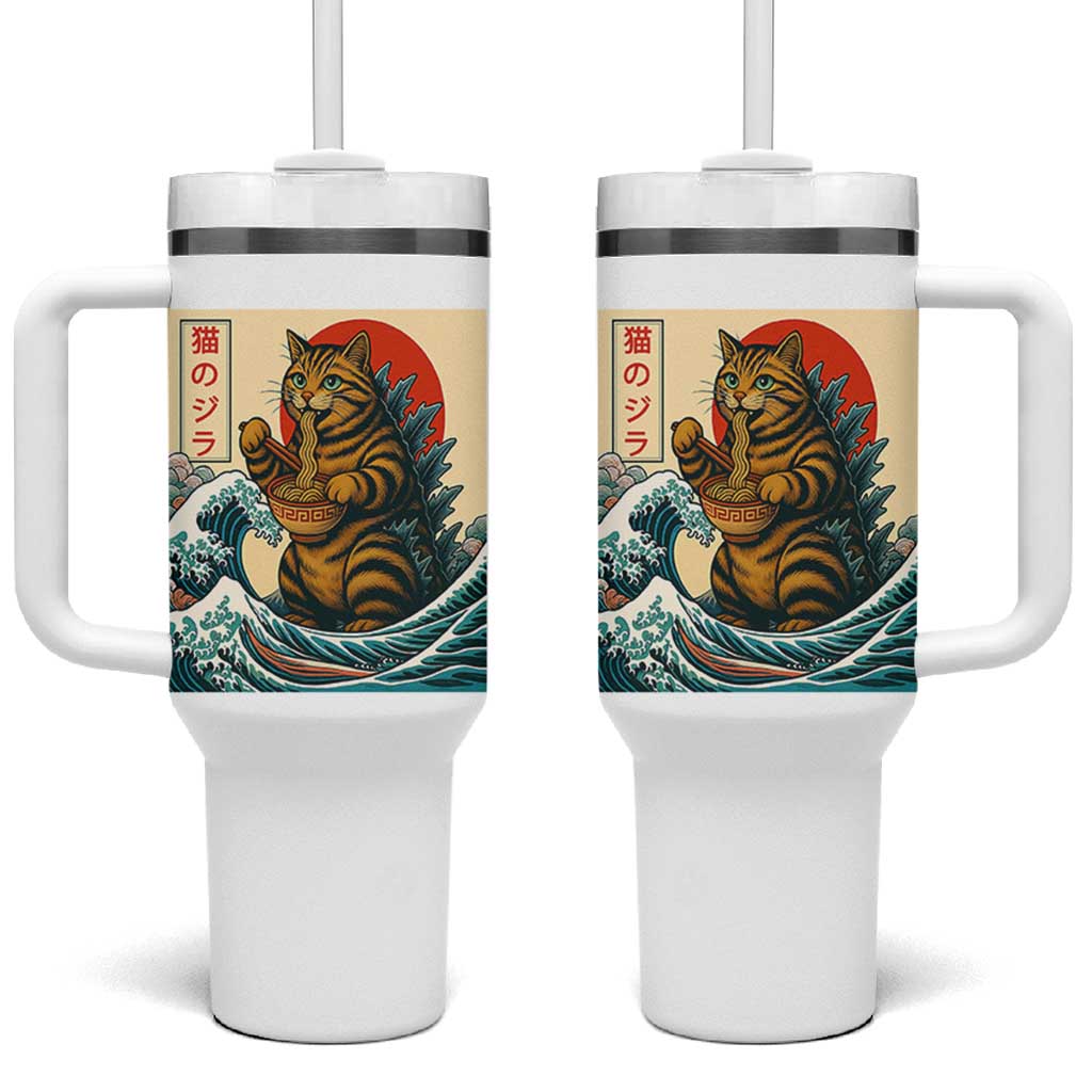 Catzilla Tumbler With Handle Cute Cat Eating Ramen Japanese Sun Wave Art