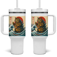 Catzilla Tumbler With Handle Cute Cat Eating Ramen Japanese Sun Wave Art