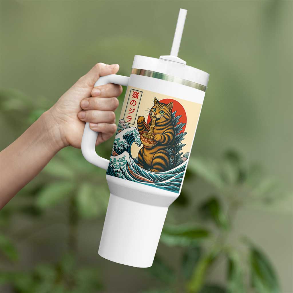 Catzilla Tumbler With Handle Cute Cat Eating Ramen Japanese Sun Wave Art
