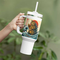 Catzilla Tumbler With Handle Cute Cat Eating Ramen Japanese Sun Wave Art