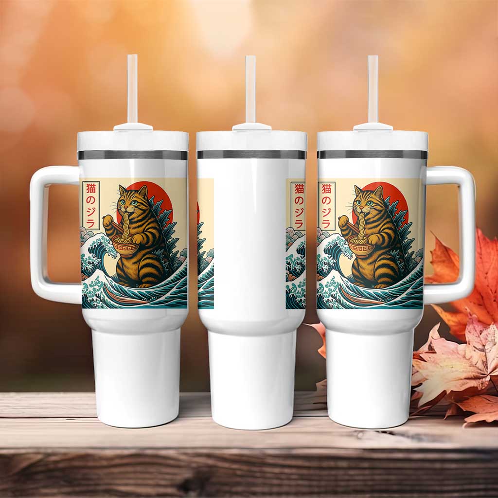Catzilla Tumbler With Handle Cute Cat Eating Ramen Japanese Sun Wave Art