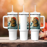Catzilla Tumbler With Handle Cute Cat Eating Ramen Japanese Sun Wave Art