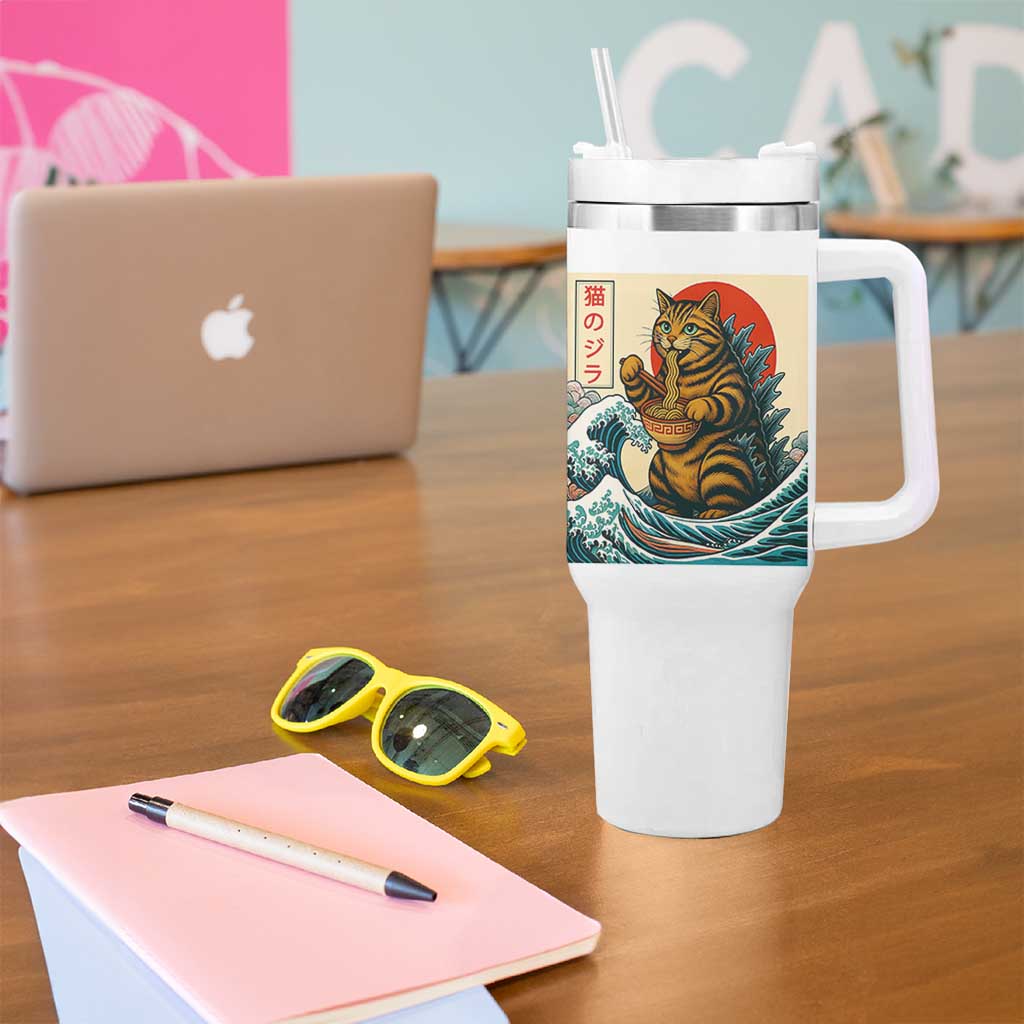 Catzilla Tumbler With Handle Cute Cat Eating Ramen Japanese Sun Wave Art