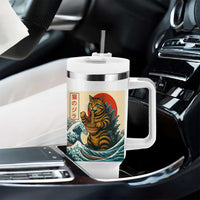 Catzilla Tumbler With Handle Cute Cat Eating Ramen Japanese Sun Wave Art