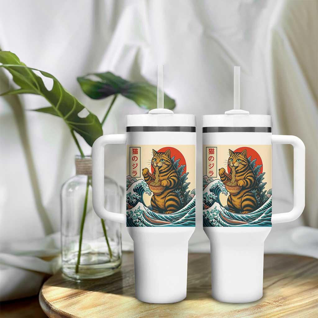 Catzilla Tumbler With Handle Cute Cat Eating Ramen Japanese Sun Wave Art