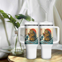 Catzilla Tumbler With Handle Cute Cat Eating Ramen Japanese Sun Wave Art