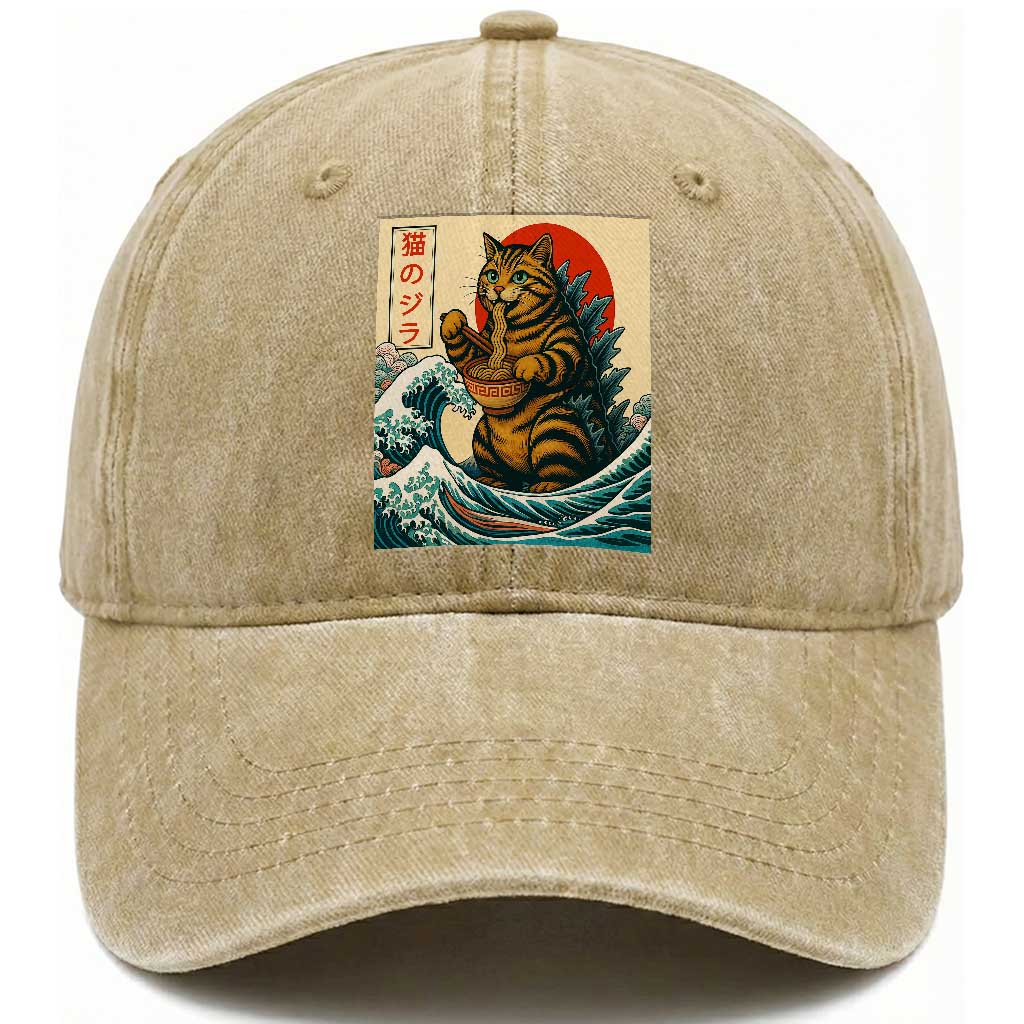 Cute Giant Cat Monster Eating Ramen Washed Cotton Baseball Cap Japanese Sun Wave Art