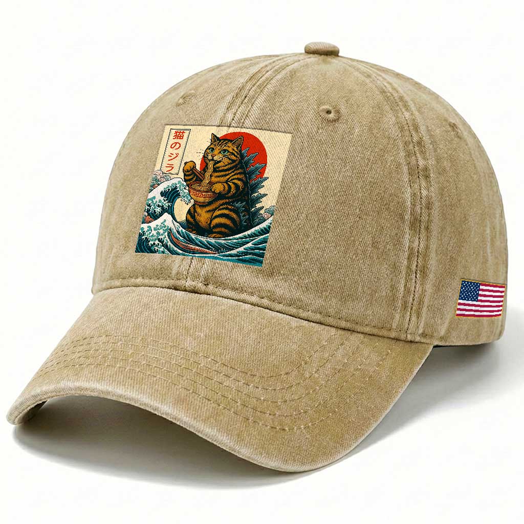 Cute Giant Cat Monster Eating Ramen Washed Cotton Baseball Cap Japanese Sun Wave Art