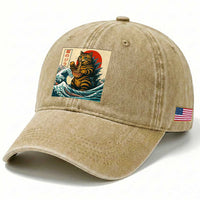 Cute Giant Cat Monster Eating Ramen Washed Cotton Baseball Cap Japanese Sun Wave Art