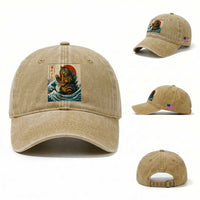 Cute Giant Cat Monster Eating Ramen Washed Cotton Baseball Cap Japanese Sun Wave Art