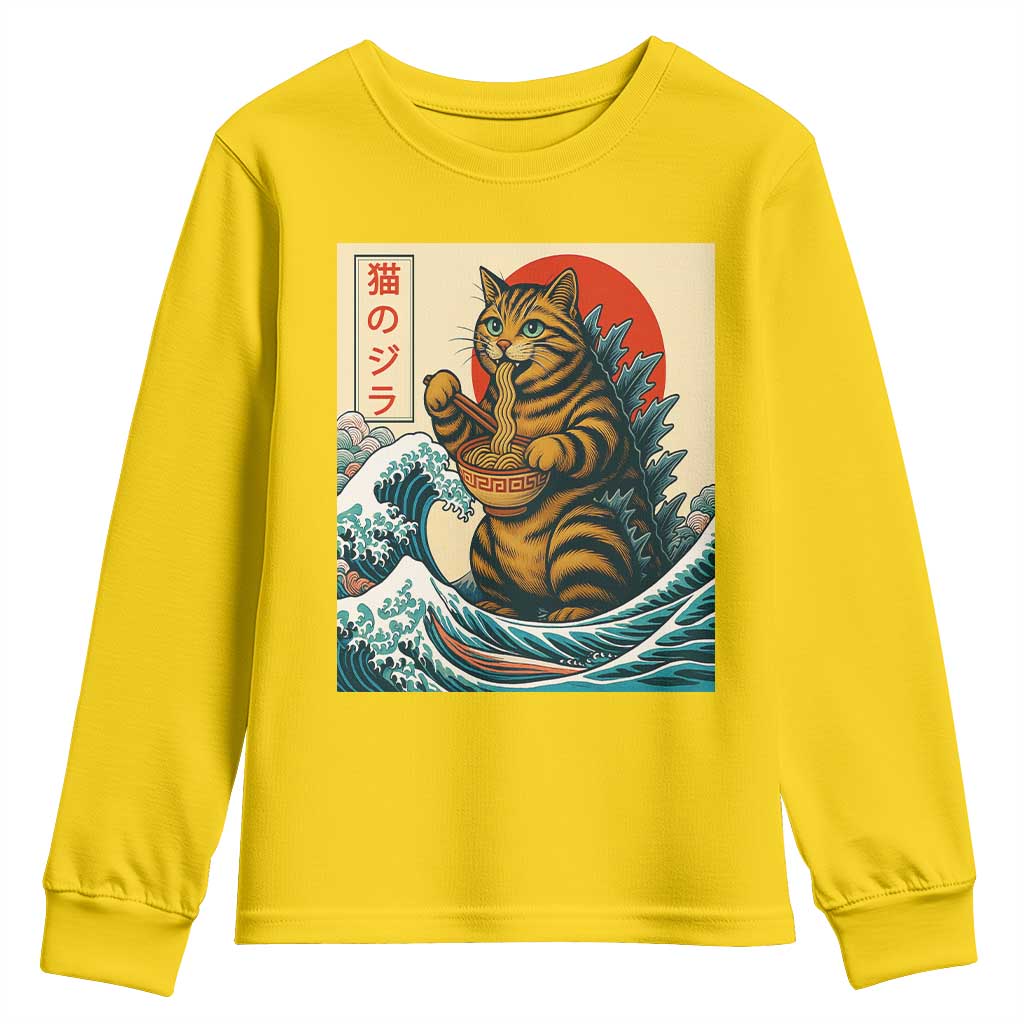 Catzilla Youth Sweatshirt Cute Cat Eating Ramen Japanese Sun Wave Art - Wonder Print Shop