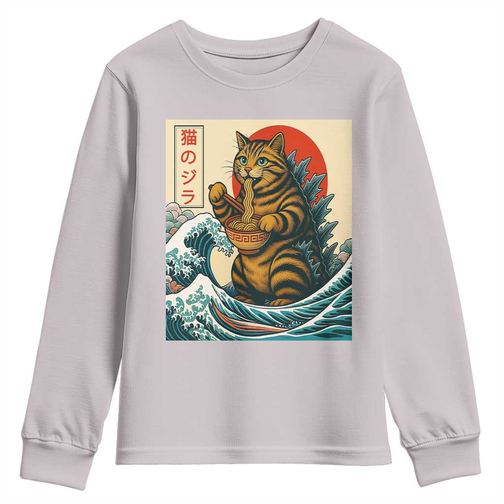Catzilla Youth Sweatshirt Cute Cat Eating Ramen Japanese Sun Wave Art - Wonder Print Shop
