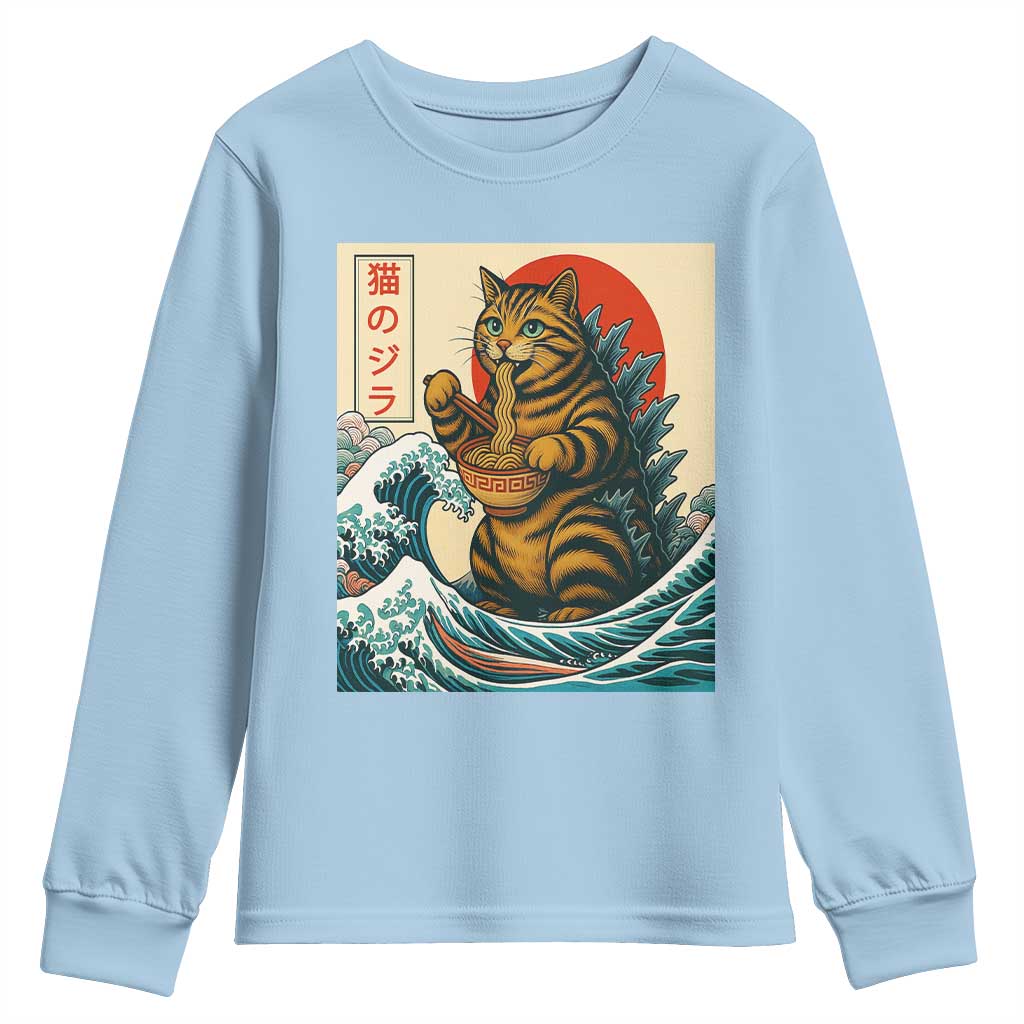 Catzilla Youth Sweatshirt Cute Cat Eating Ramen Japanese Sun Wave Art - Wonder Print Shop