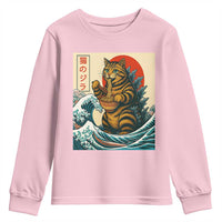 Catzilla Youth Sweatshirt Cute Cat Eating Ramen Japanese Sun Wave Art - Wonder Print Shop