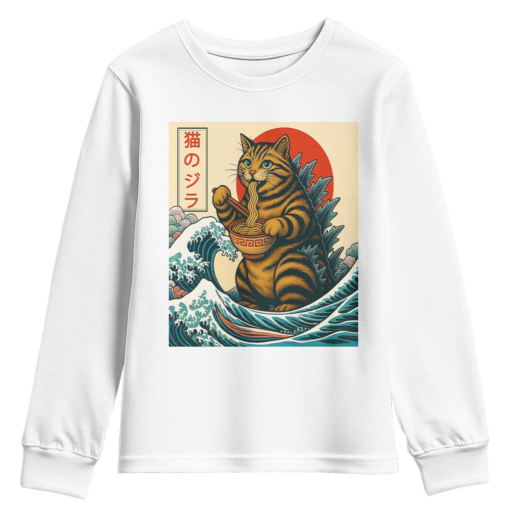 Catzilla Youth Sweatshirt Cute Cat Eating Ramen Japanese Sun Wave Art - Wonder Print Shop
