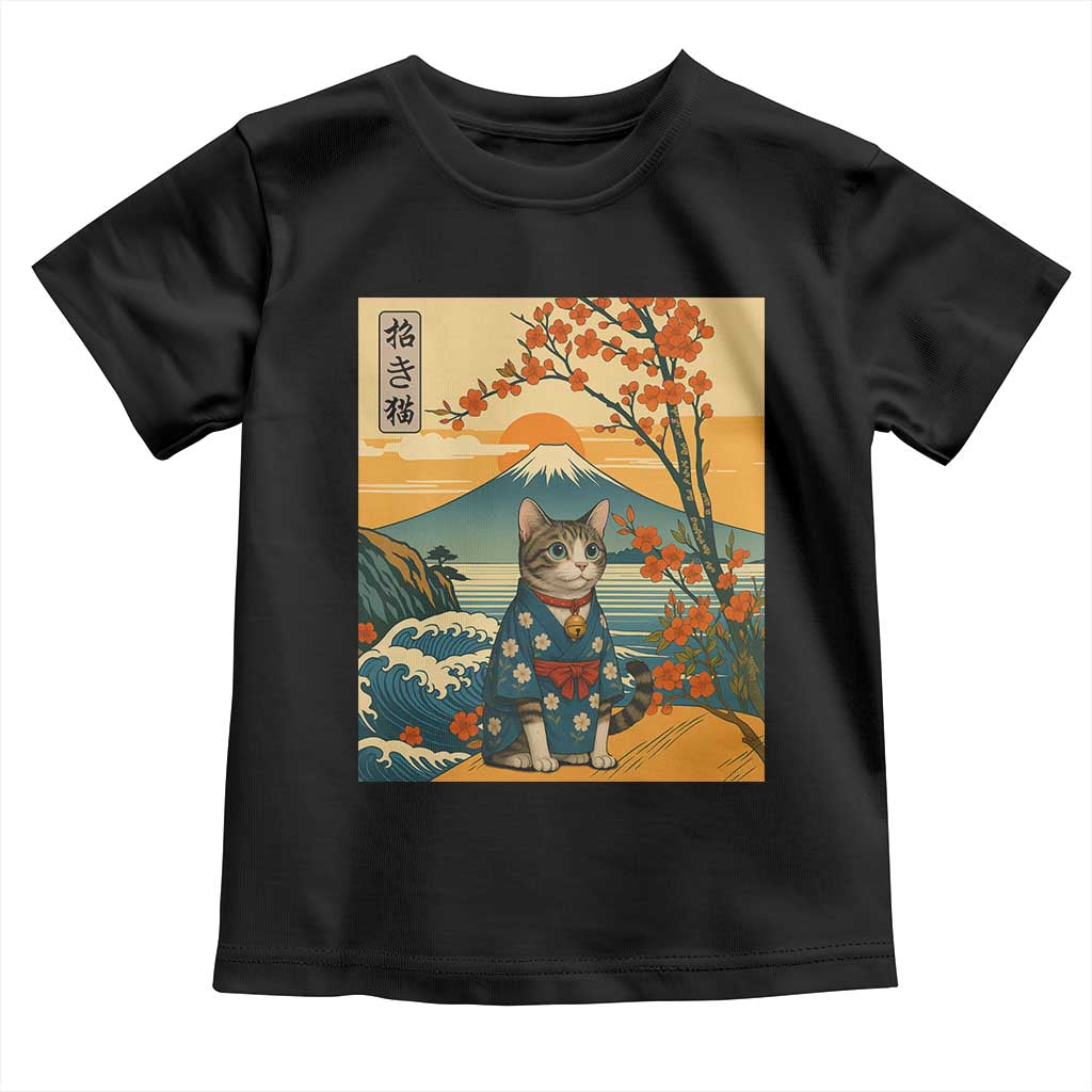 Japanese Ukiyo E Cat Kimono Toddler T Shirt Mount Fuji Cherry Blossom Vintage Gift