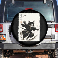 Samurai Cat Spare Tire Cover Japanese Sumie Cat Warrior Art - Wonder Print Shop