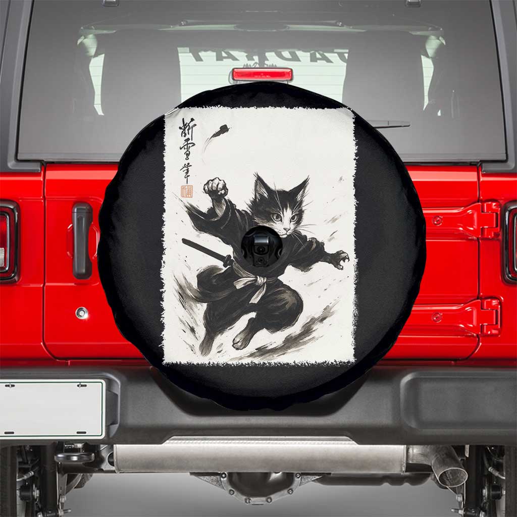 Samurai Cat Spare Tire Cover Japanese Sumie Cat Warrior Art - Wonder Print Shop