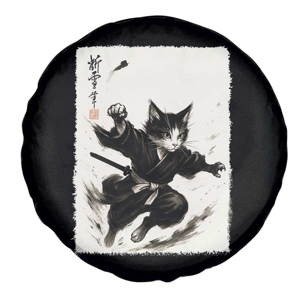 Samurai Cat Spare Tire Cover Japanese Sumie Cat Warrior Art - Wonder Print Shop