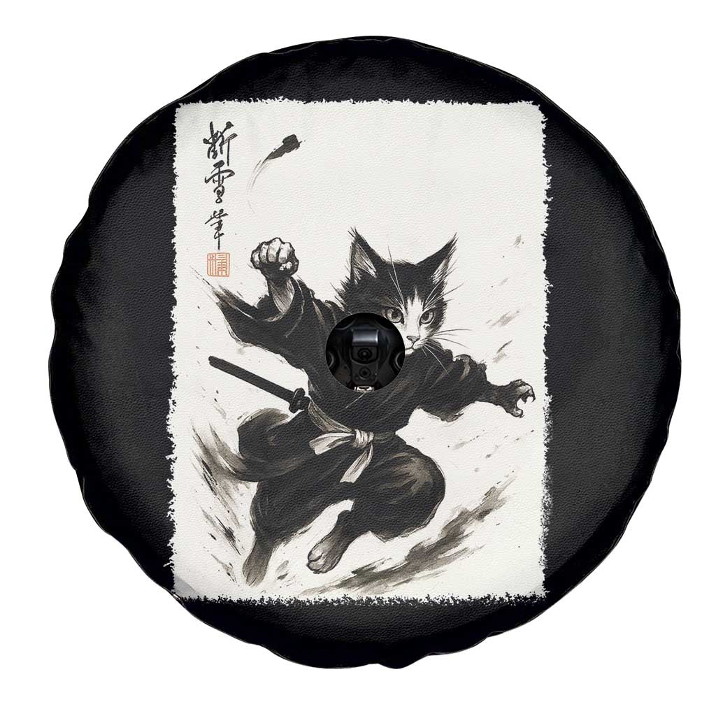 Samurai Cat Spare Tire Cover Japanese Sumie Cat Warrior Art - Wonder Print Shop