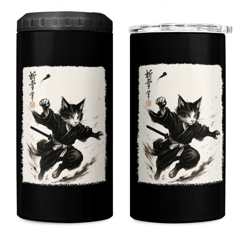 Samurai Cat 4 in 1 Can Cooler Tumbler Japanese Sumie Cat Warrior Art