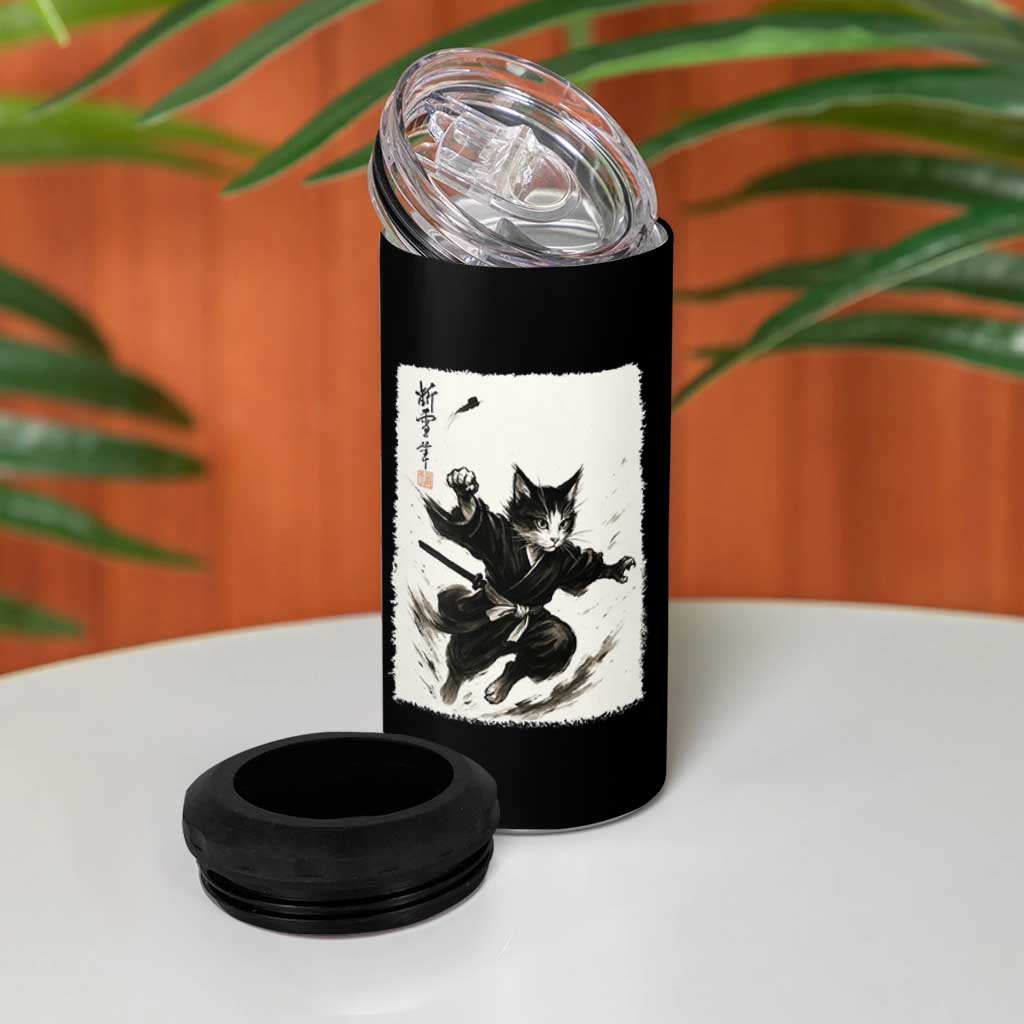 Samurai Cat 4 in 1 Can Cooler Tumbler Japanese Sumie Cat Warrior Art