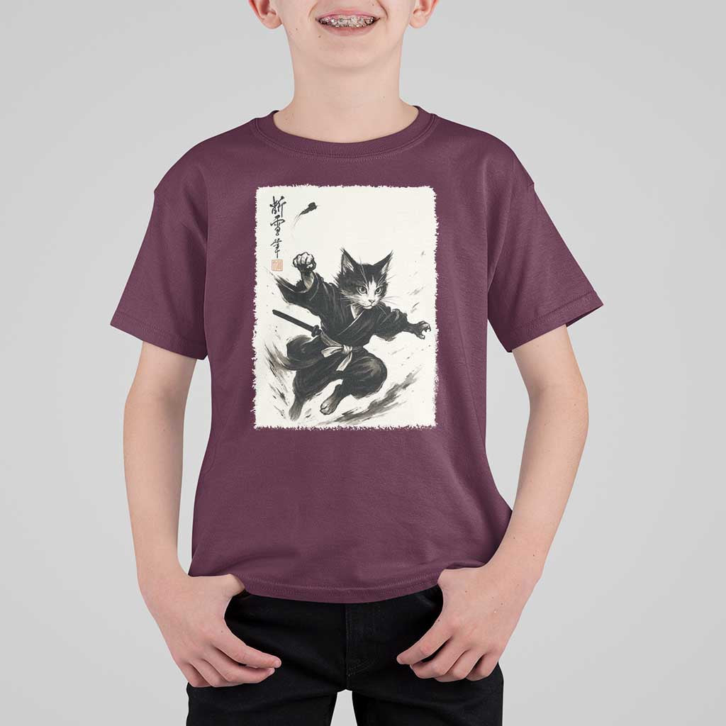Samurai Cat T Shirt For Kid Japanese Sumie Cat Warrior Art - Wonder Print Shop