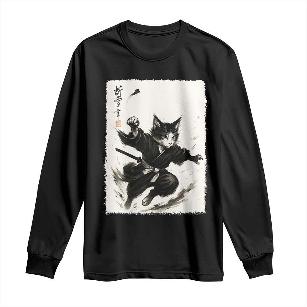 Samurai Cat Long Sleeve Shirt Japanese Sumie Cat Warrior Art - Wonder Print Shop