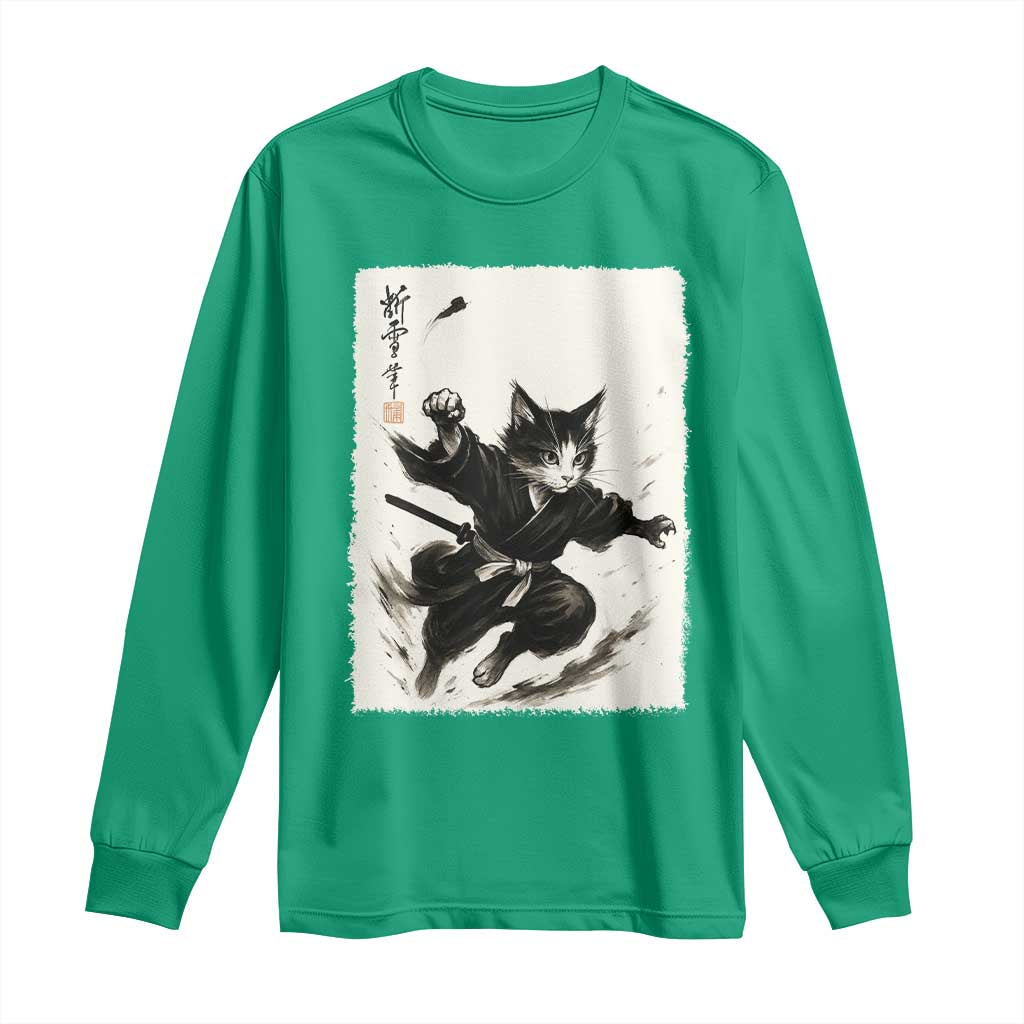 Samurai Cat Long Sleeve Shirt Japanese Sumie Cat Warrior Art - Wonder Print Shop
