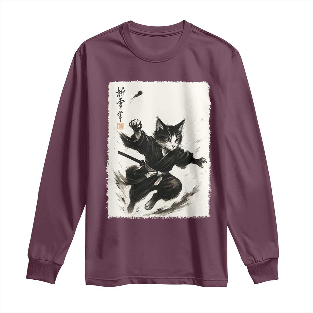 Samurai Cat Long Sleeve Shirt Japanese Sumie Cat Warrior Art - Wonder Print Shop