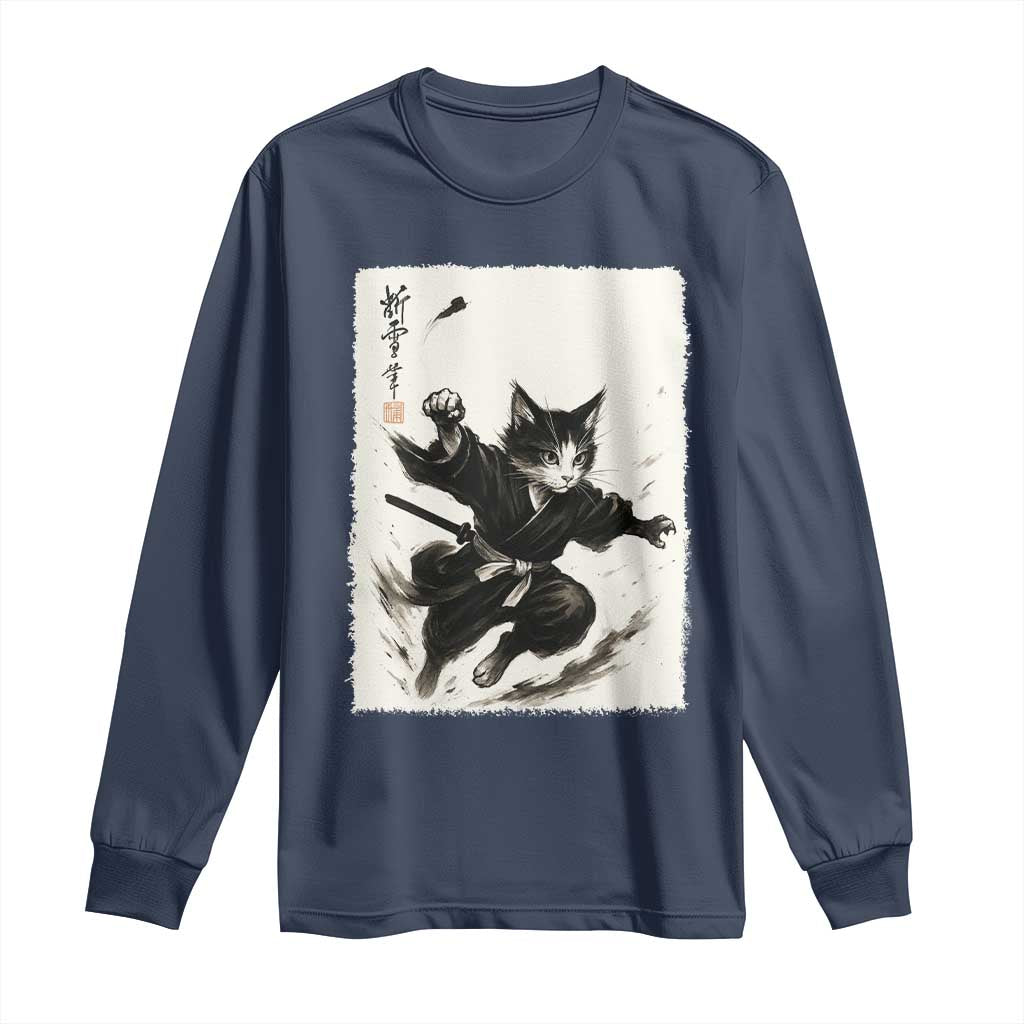 Samurai Cat Long Sleeve Shirt Japanese Sumie Cat Warrior Art - Wonder Print Shop