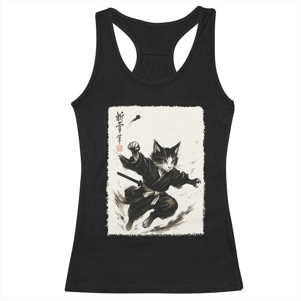 Samurai Cat Racerback Tank Top Japanese Sumie Cat Warrior Art - Wonder Print Shop