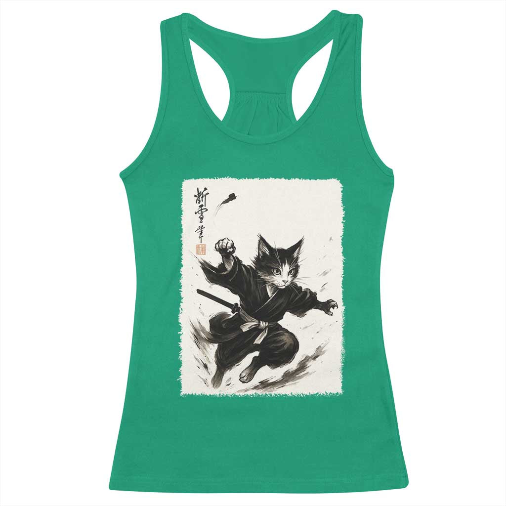 Samurai Cat Racerback Tank Top Japanese Sumie Cat Warrior Art - Wonder Print Shop