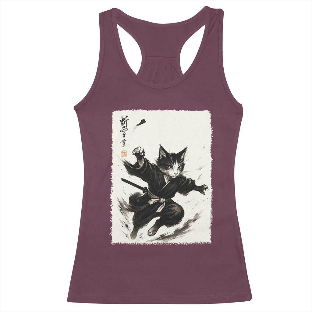 Samurai Cat Racerback Tank Top Japanese Sumie Cat Warrior Art - Wonder Print Shop