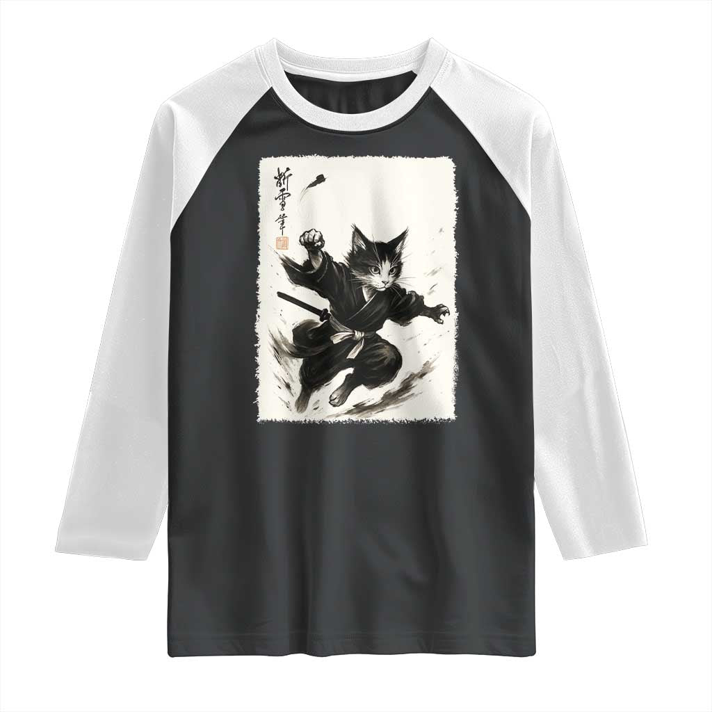Samurai Cat Raglan Shirt Japanese Sumie Cat Warrior Art - Wonder Print Shop