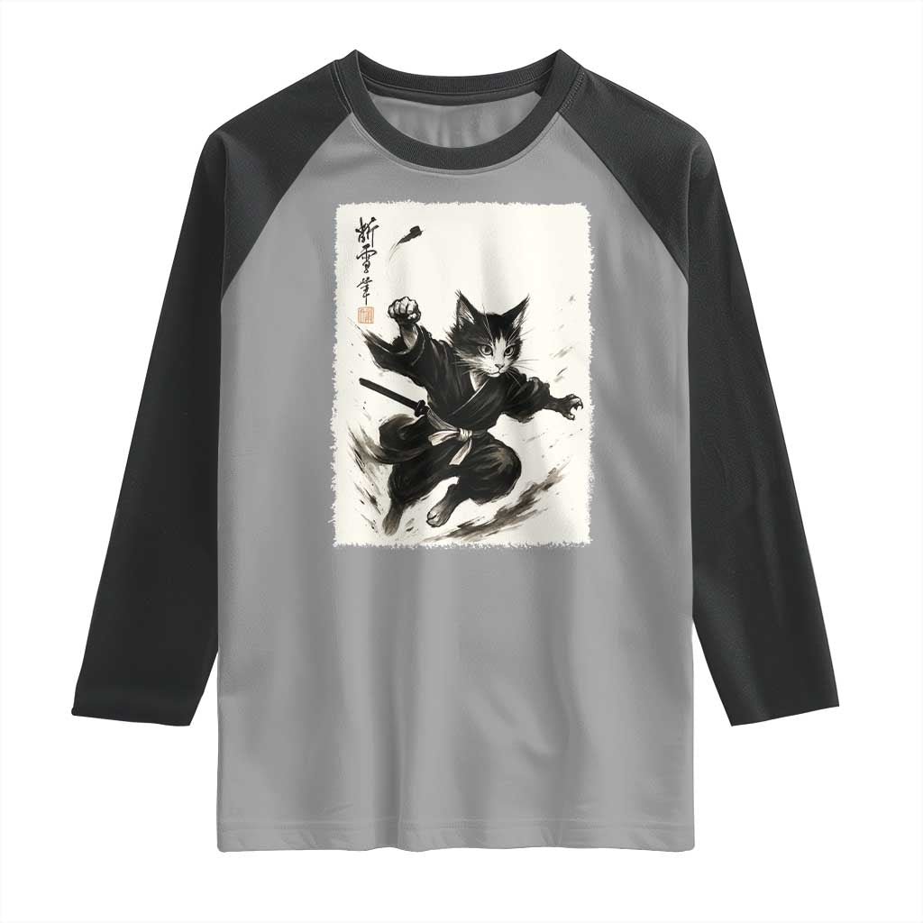 Samurai Cat Raglan Shirt Japanese Sumie Cat Warrior Art - Wonder Print Shop