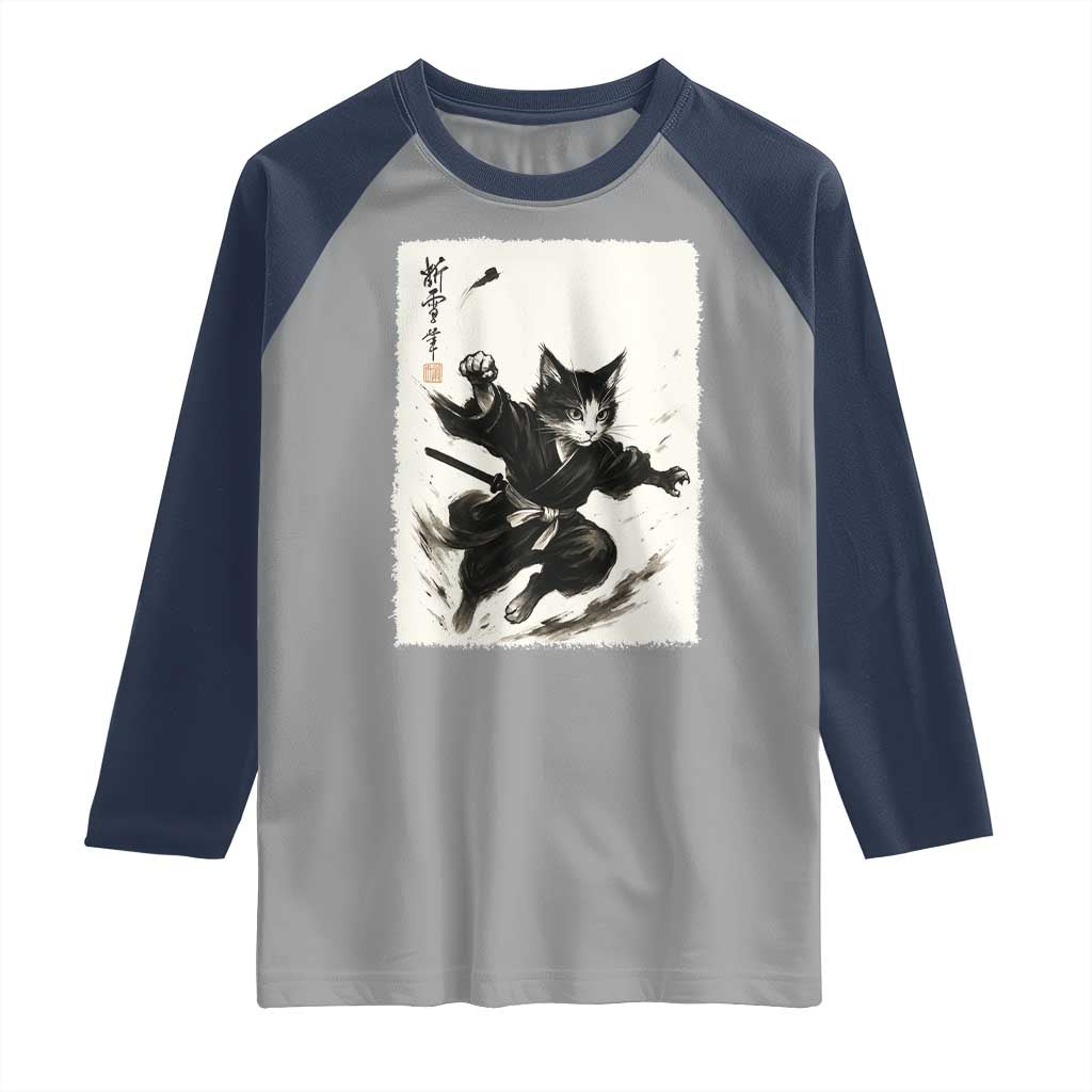 Samurai Cat Raglan Shirt Japanese Sumie Cat Warrior Art - Wonder Print Shop