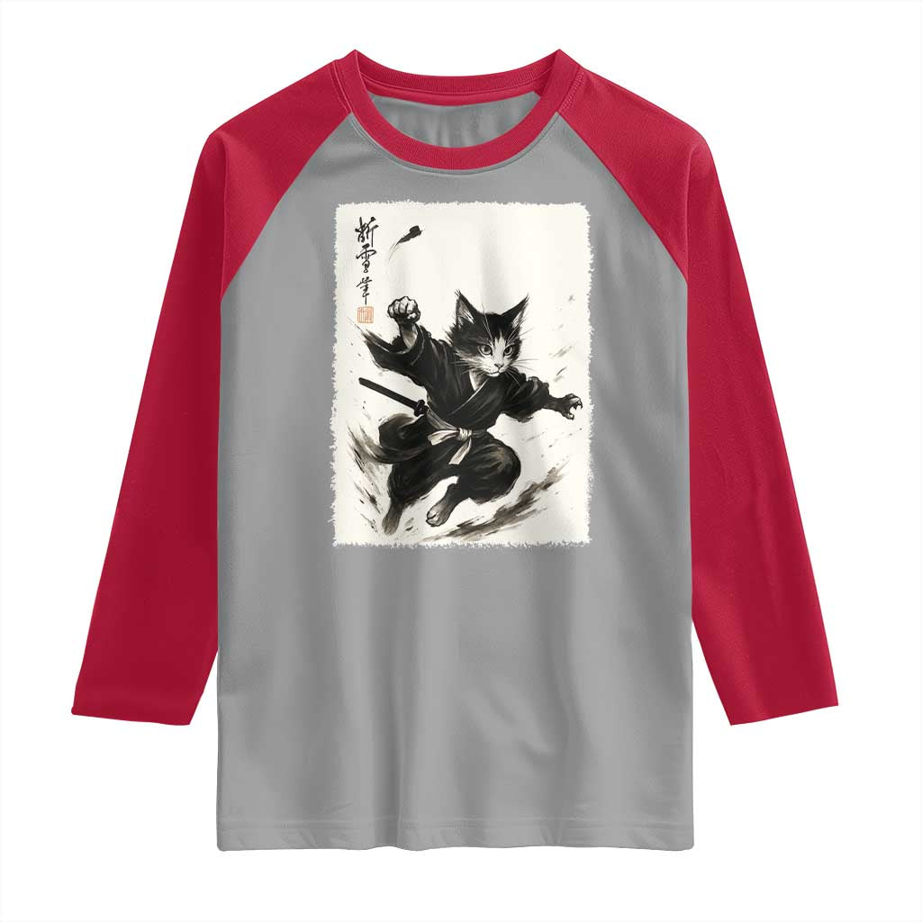 Samurai Cat Raglan Shirt Japanese Sumie Cat Warrior Art - Wonder Print Shop