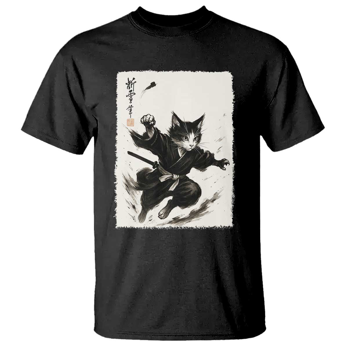 Samurai Cat T Shirt Japanese Sumie Cat Warrior Art - Wonder Print Shop
