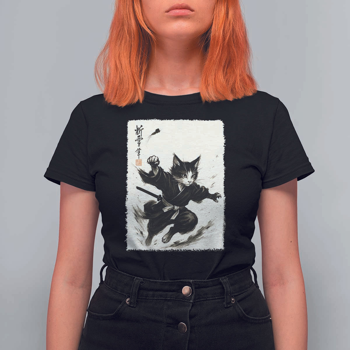 Samurai Cat T Shirt For Women Japanese Sumie Cat Warrior Art - Wonder Print Shop
