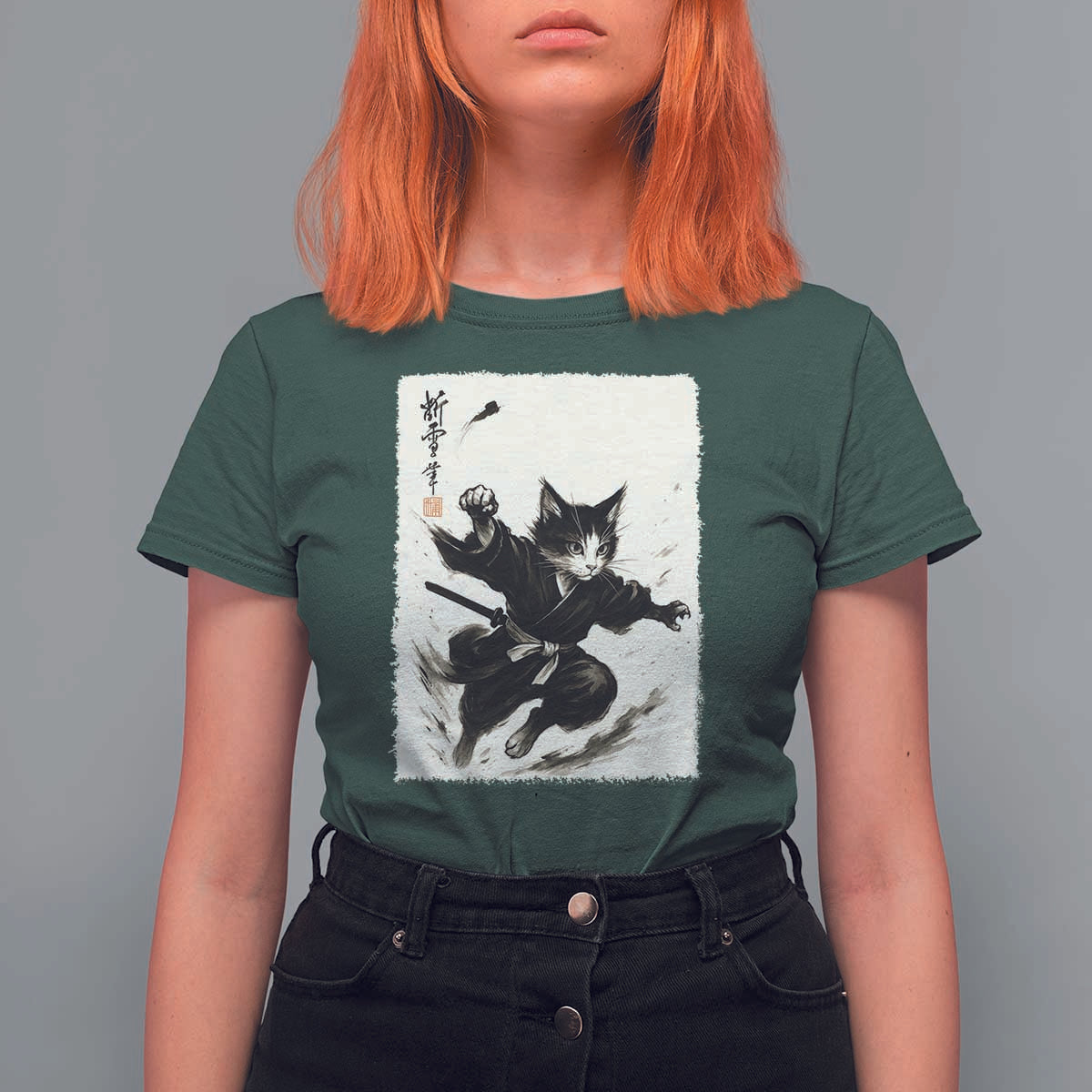 Samurai Cat T Shirt For Women Japanese Sumie Cat Warrior Art - Wonder Print Shop