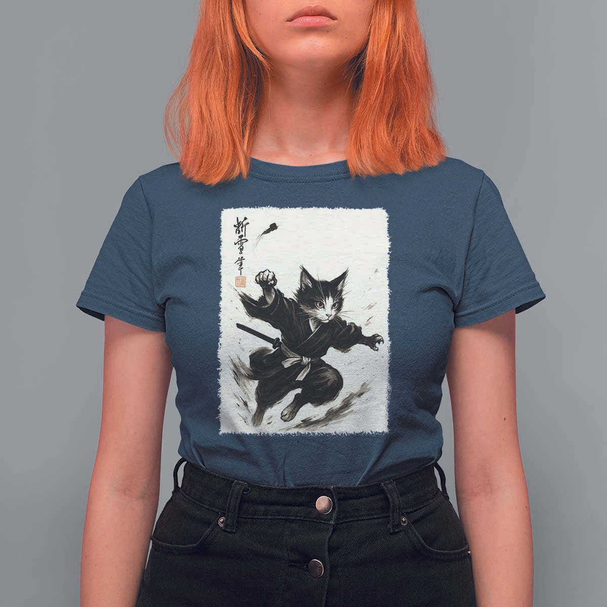 Samurai Cat T Shirt For Women Japanese Sumie Cat Warrior Art - Wonder Print Shop