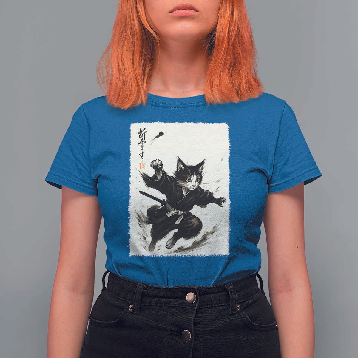 Samurai Cat T Shirt For Women Japanese Sumie Cat Warrior Art - Wonder Print Shop