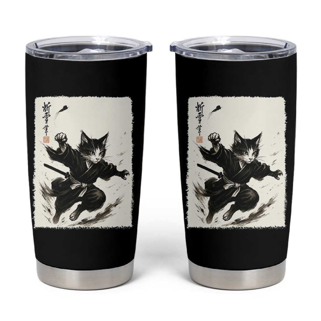 Samurai Cat Tumbler Cup Japanese Sumie Cat Warrior Art