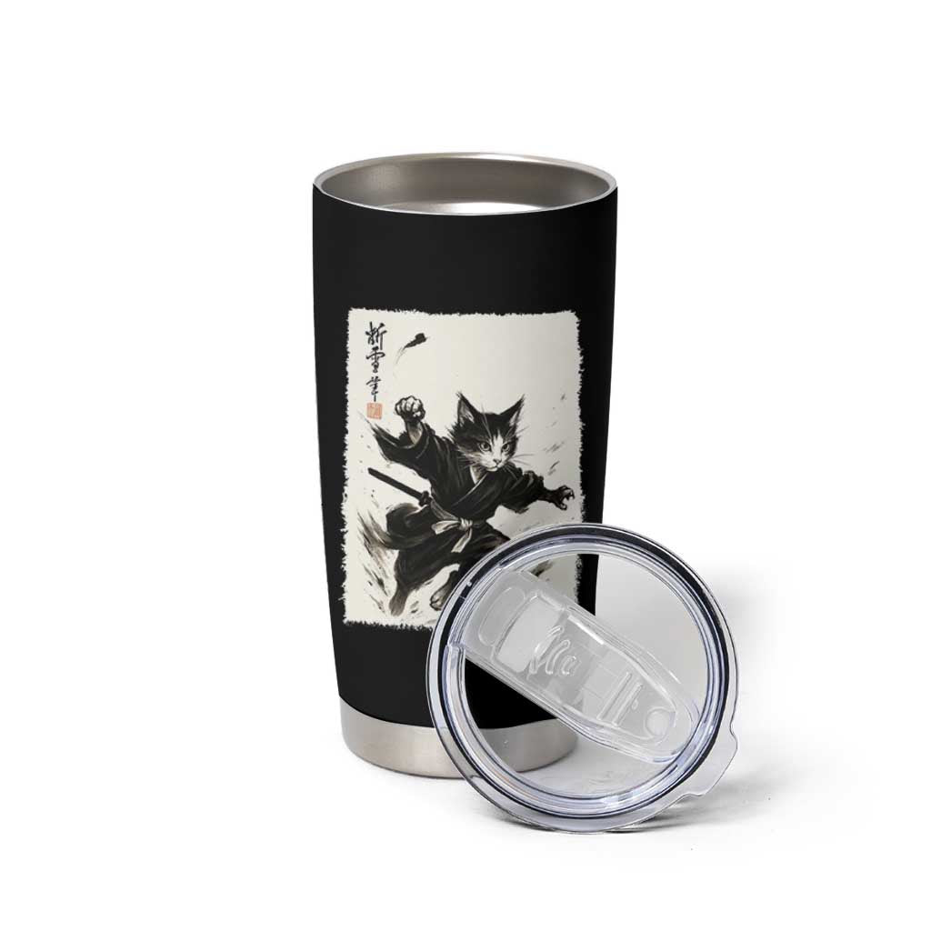 Samurai Cat Tumbler Cup Japanese Sumie Cat Warrior Art