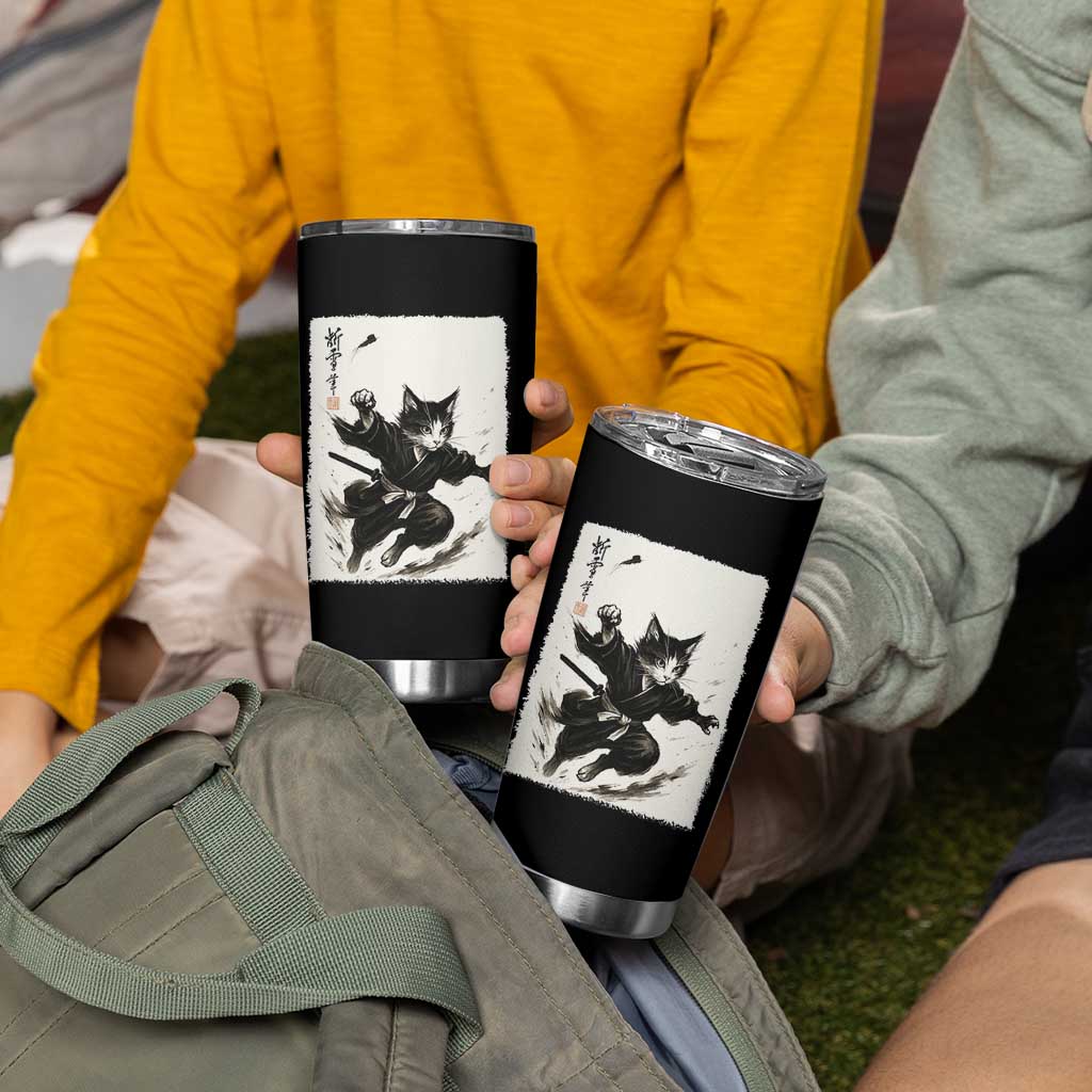 Samurai Cat Tumbler Cup Japanese Sumie Cat Warrior Art